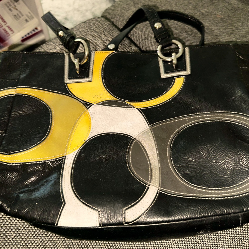 Coach black silver gold purse 2 handles 2 outer & 3 inner pockets
